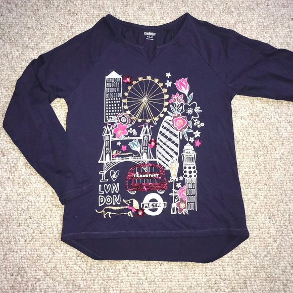 Gymboree Navy Blue London bridge Red Bus Sparkly Sequined Shirt Top Girls 7 8 - Picture 5 of 8